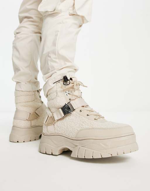 ASOS DESIGN lace up boot in beige borg with strap detail on chunky sole ASOS