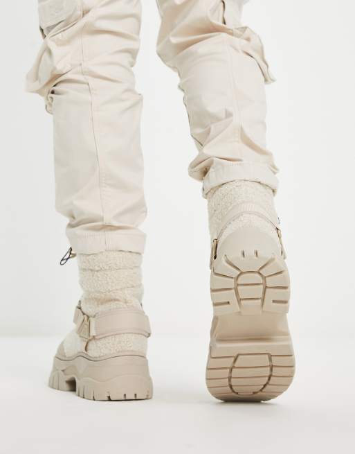 ASOS DESIGN lace up boot in beige sherpa with strap detail on chunky sole, 2 of 4