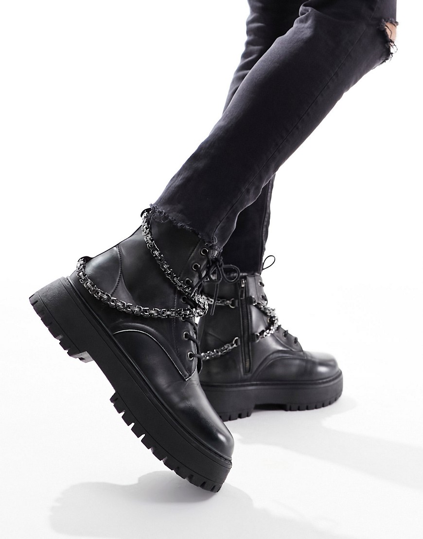 Asos Design Lace Up Boot In Black Faux Leather With Chunky Sole And Studs