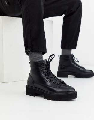 asos design lace up boots in black leather with chunky sole