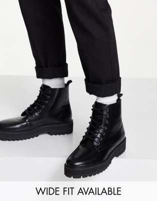 ASOS DESIGN Lace Up Boot In Black Faux Leather With Raised Chunky Sole ...