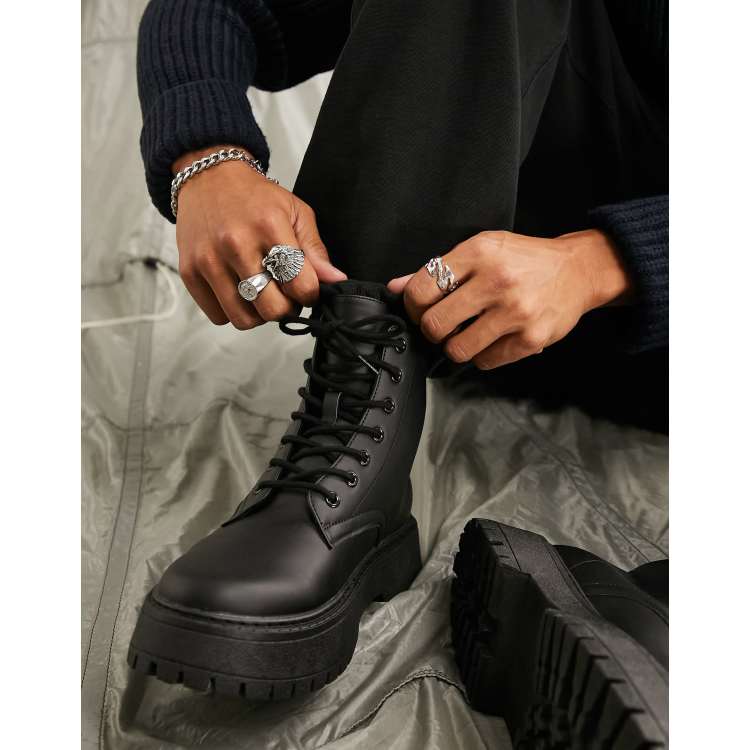 Asos design lace up boots store in black leather with chunky sole