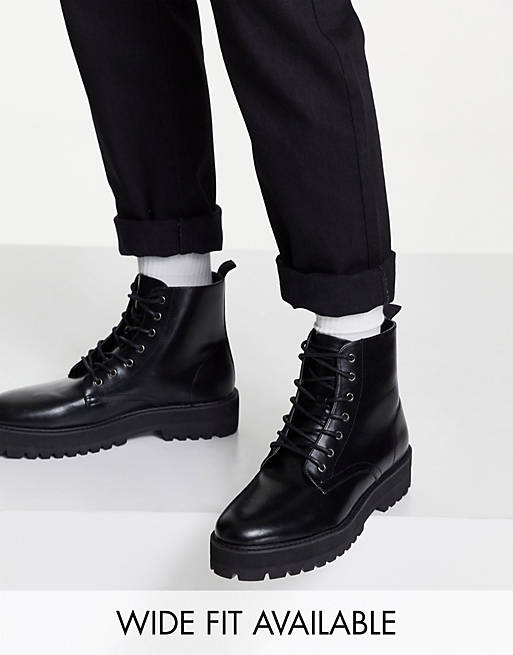 ASOS DESIGN lace up boot in black faux leather with raised chunky sole