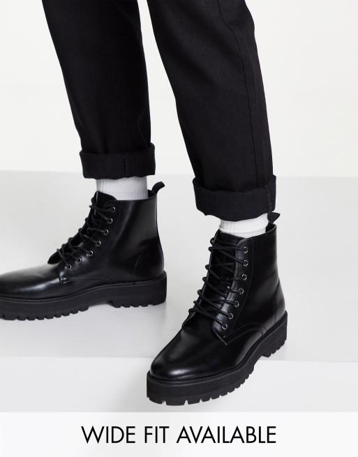 ASOS DESIGN lace up boot in black faux leather with raised chunky