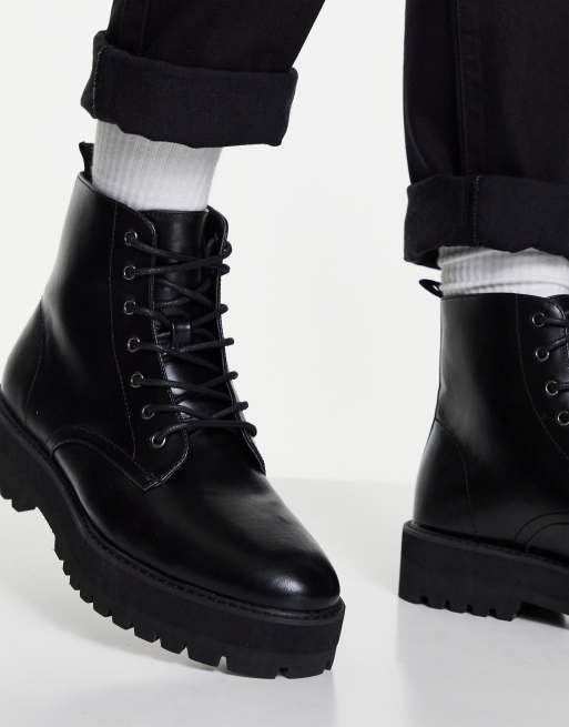 Asos design lace up boots in hot sale black leather with chunky sole