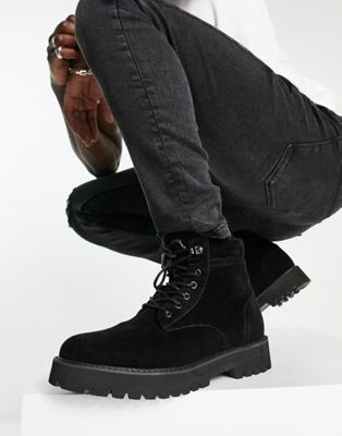 ASOS DESIGN lace up boot in black faux suede with padded cuff detail