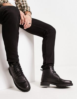 ASOS DESIGN lace up boot in black leather with suede padded collar | ASOS