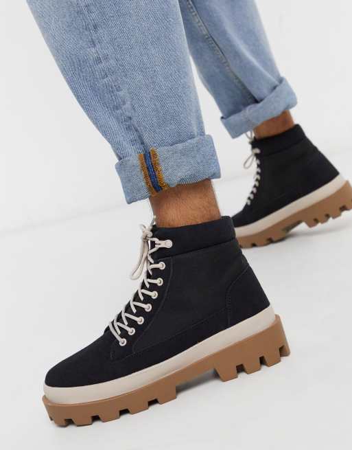 black suedette teddy trim chunky lace up boots