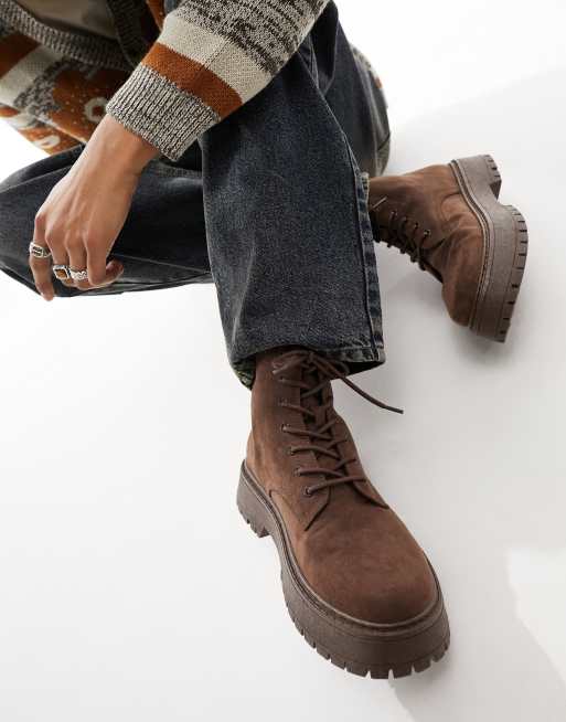 ASOS DESIGN lace up boot in brown faux suede with raised chunky