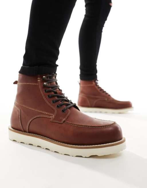 ASOS DESIGN lace up boot in brown leather with contrast sole