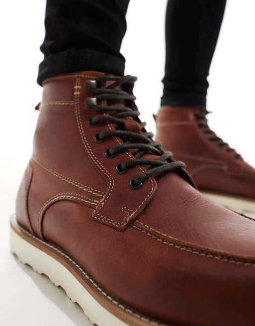 ASOS DESIGN lace up boot in brown leather with contrast sole