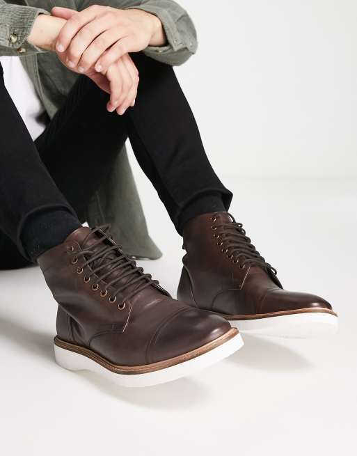 ASOS DESIGN lace up boot in brown leather with white wedge sole