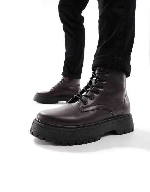 Asos design lace up boots store in black leather with chunky sole