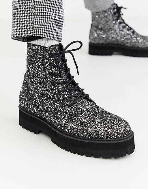 ASOS DESIGN lace up boot in glitter with black raised chunky sole