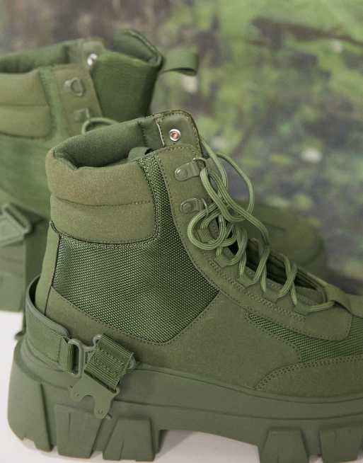 ASOS DESIGN lace up boot in green faux suede with strap detail on chunky sole, 3 of 4