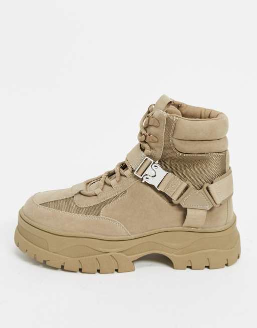 ASOS DESIGN lace up boot in stone faux suede with strap detail on chunky  sole