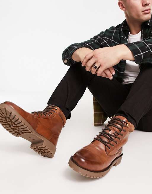 ASOS DESIGN lace up boot in tan leather with suede padded collar