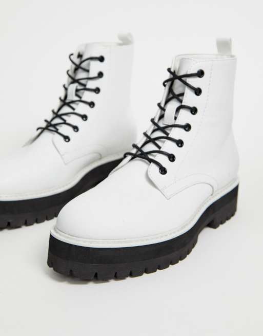 ASOS DESIGN lace up boot in white faux leather with raised chunky