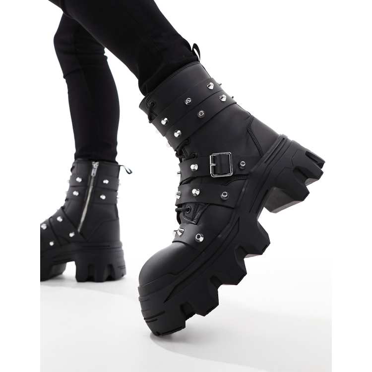 ASOS DESIGN lace up boot with chunky sole and studded strapping in black  faux leather