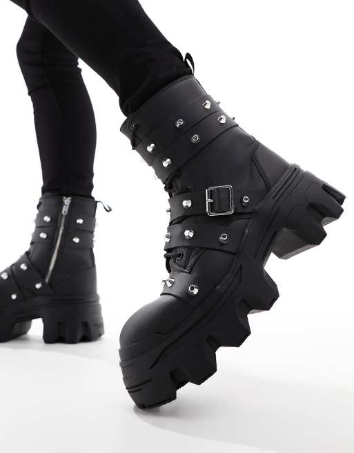 ASOS DESIGN lace up boot with chunky sole and studded strapping in