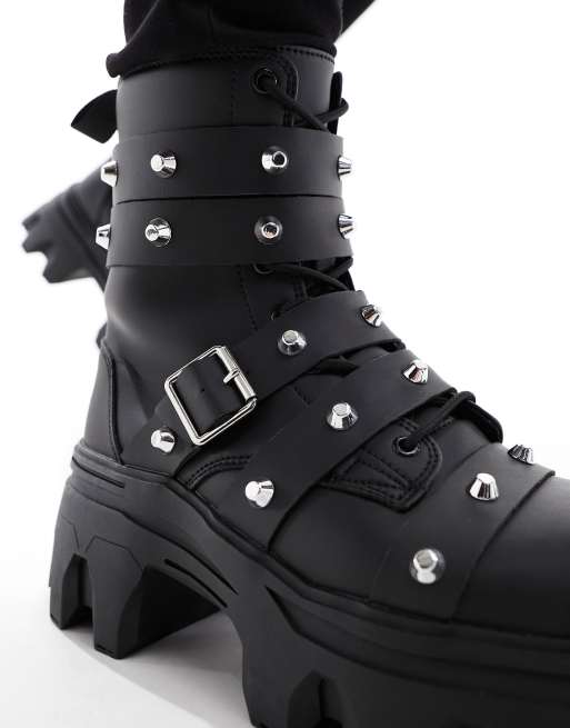 Asos design lace up boots in black leather with chunky sole hotsell