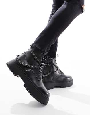 Black PU Leather Beaded Detail Lace Up Boots - Carlissa