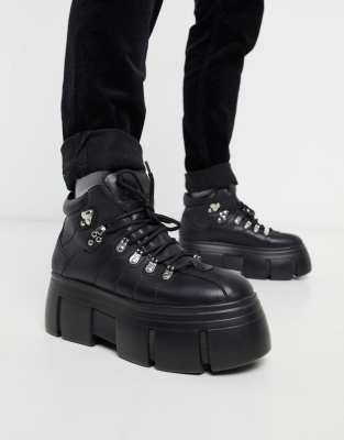 black faux leather lace up boots