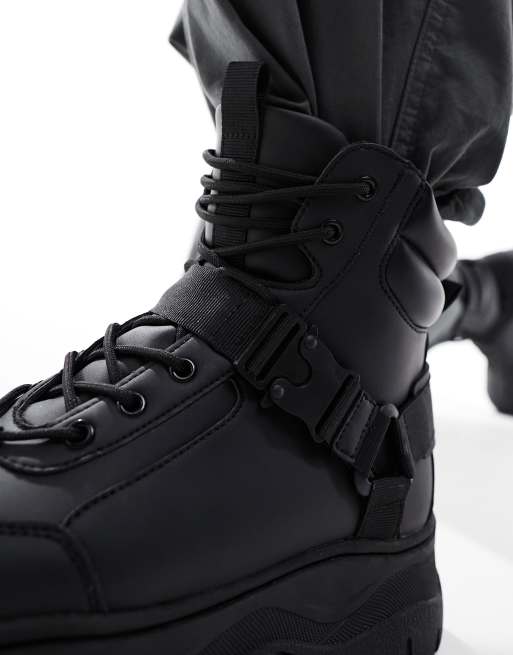 ASOS DESIGN lace up boots in black faux leather with chunky sole