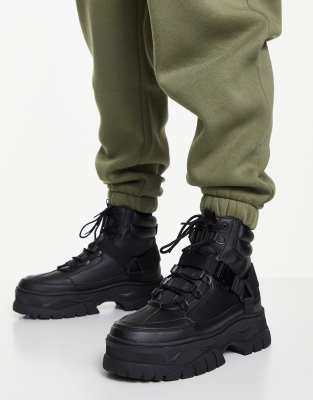 black faux leather lace up boots