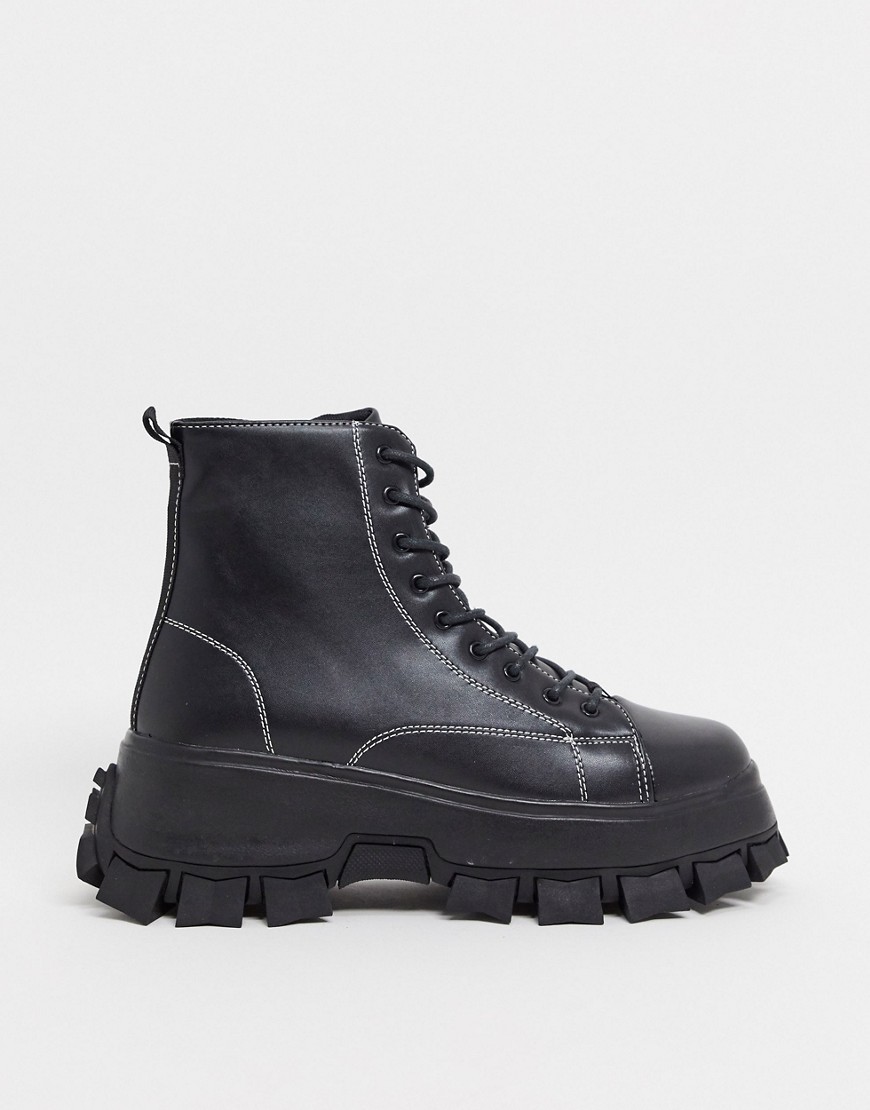 Asos Design Lace Up Boots In Black Faux Leather With Contrast Stitch Detail On Chunky Cleated Sole