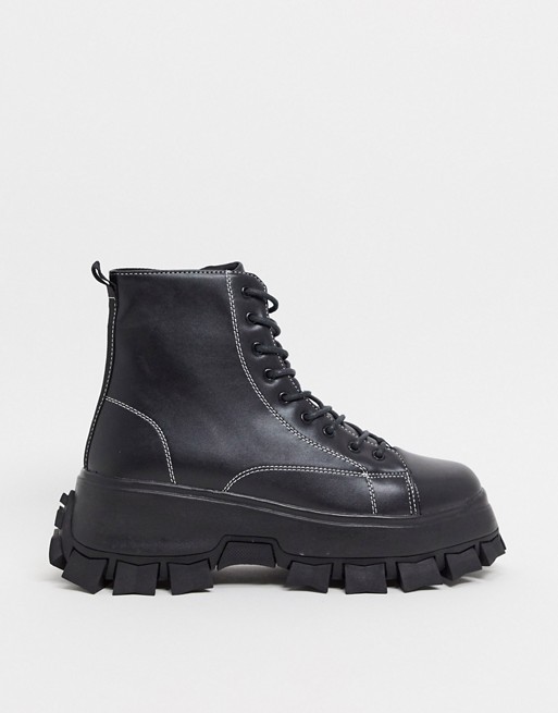 ASOS DESIGN lace up boots in black faux leather with contrast stitch ...