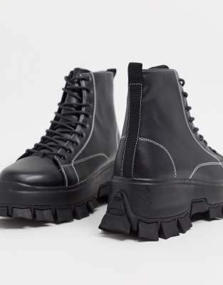 asos design lace up boots in black leather with chunky sole