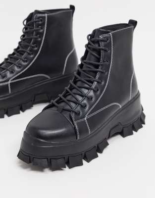 asos design lace up boots in black leather with chunky sole