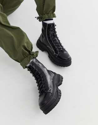 asos design lace up boots in black leather with chunky sole