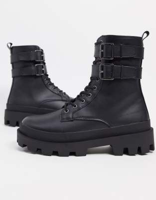black faux leather lace up boots