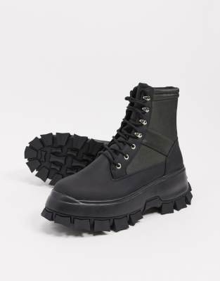 asos design lace up boots in black leather with chunky sole