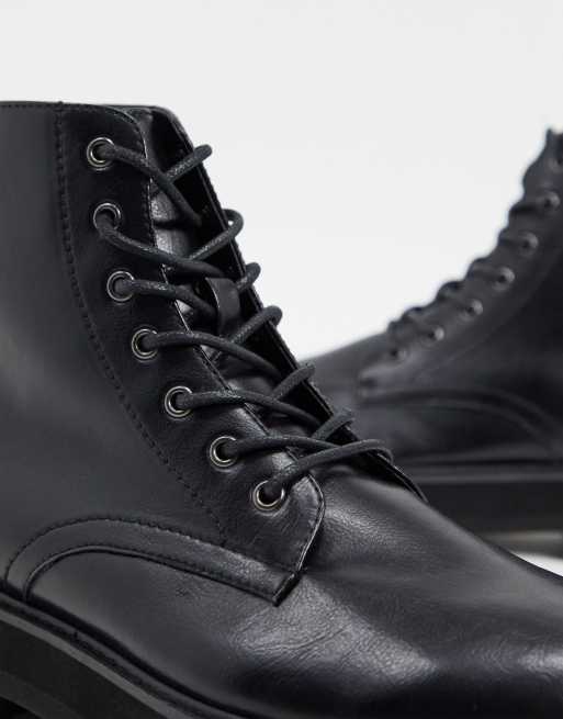 ASOS DESIGN lace up boots in black faux leather with raised chunky sole - BLACK, 2 of 4