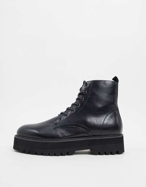 ASOS DESIGN lace up boots in black faux leather with raised chunky sole - BLACK, 3 of 4