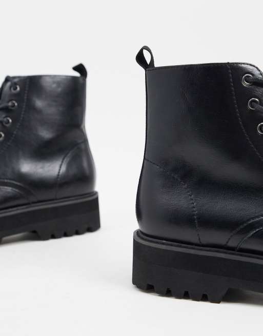 ASOS DESIGN lace up boots in black faux leather with raised chunky sole - BLACK, 4 of 4