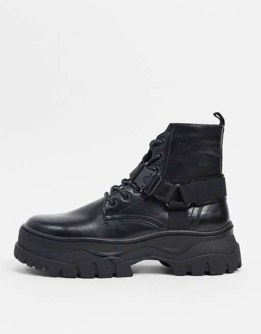 Asos design lace up boots in hot sale black leather with chunky sole