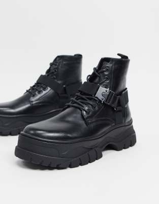 asos design lace up boots in black leather with chunky sole