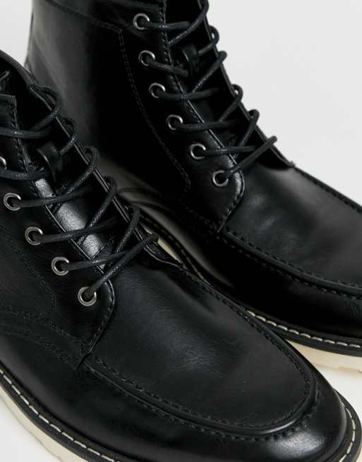 ASOS DESIGN lace up boots in black faux leather with white sole ASOS