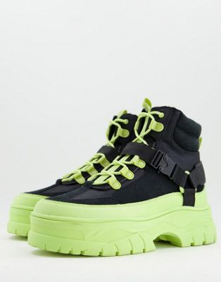 ASOS DESIGN lace up boots in black faux suede with lime green chunky sole - ASOS Price Checker