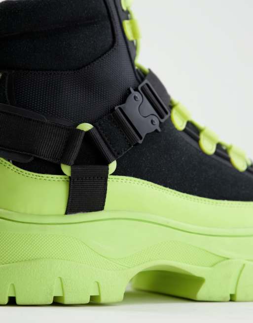 ASOS DESIGN lace up boots in black faux suede with lime green chunky sole, 2 of 4