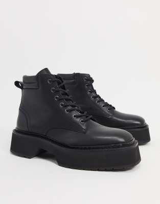 asos design lace up boots in black leather with chunky sole