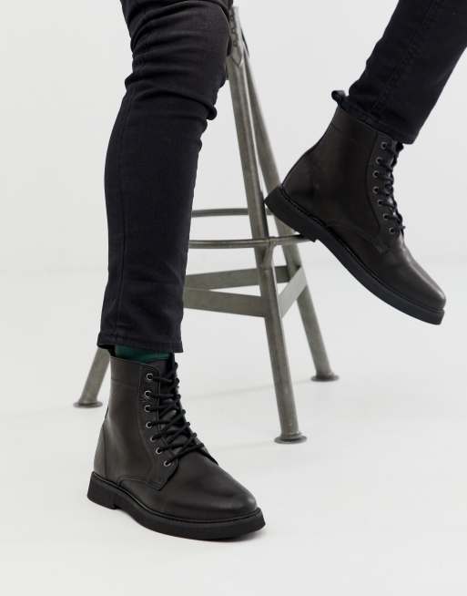 Asos design lace up boots store in black leather with chunky sole