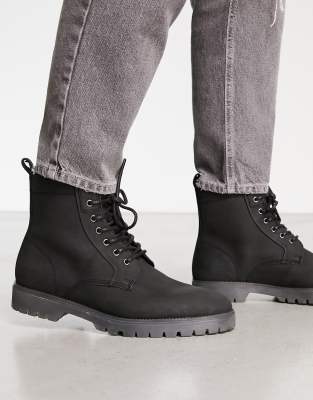 Asos Design Lace Up Boots In Black Leather With Chunky Sole