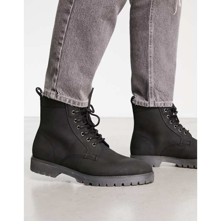 ASOS DESIGN lace up boots in black leather with chunky sole