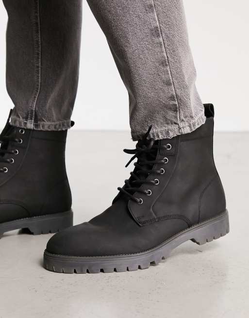 ASOS DESIGN lace up boots in black leather with chunky sole | ASOS