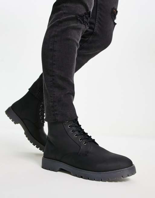 Asos design lace up boots store in black leather with chunky sole